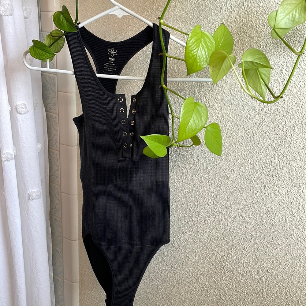 Charcoal razor back, half button body suit